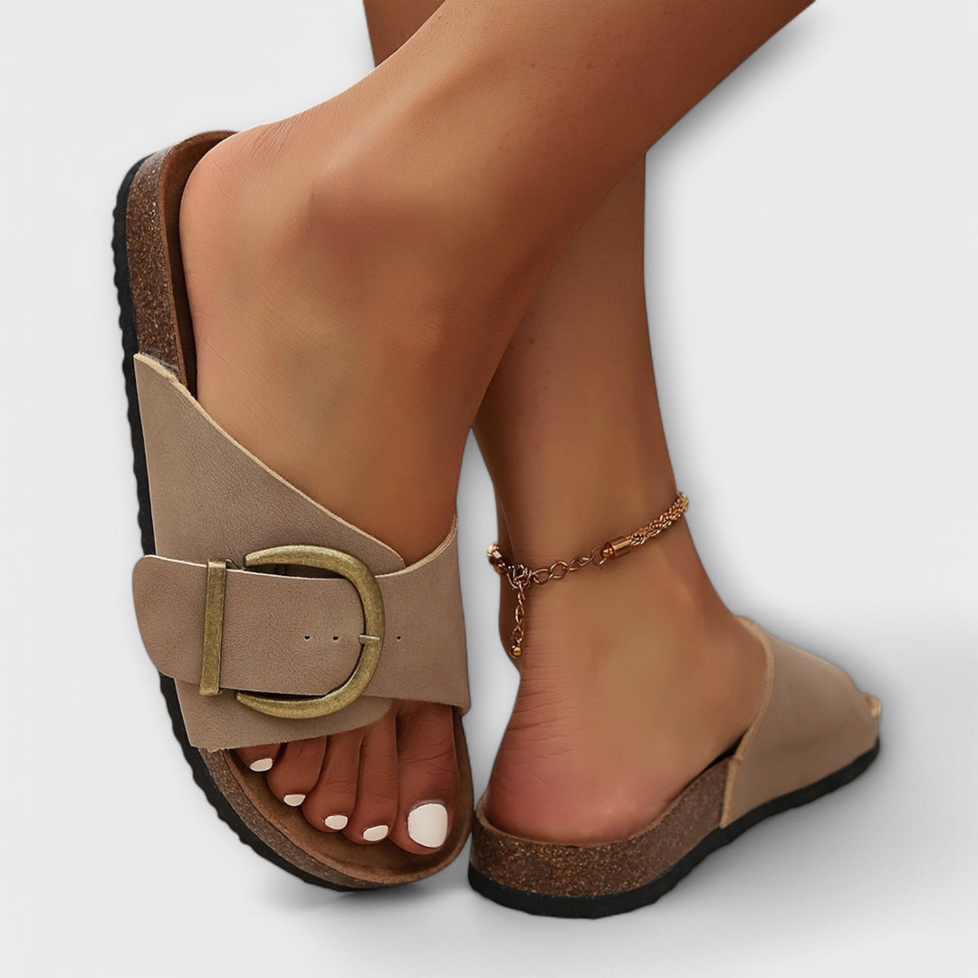 Margie - Damen Kork Pantoletten mit Schnallenriemen Design