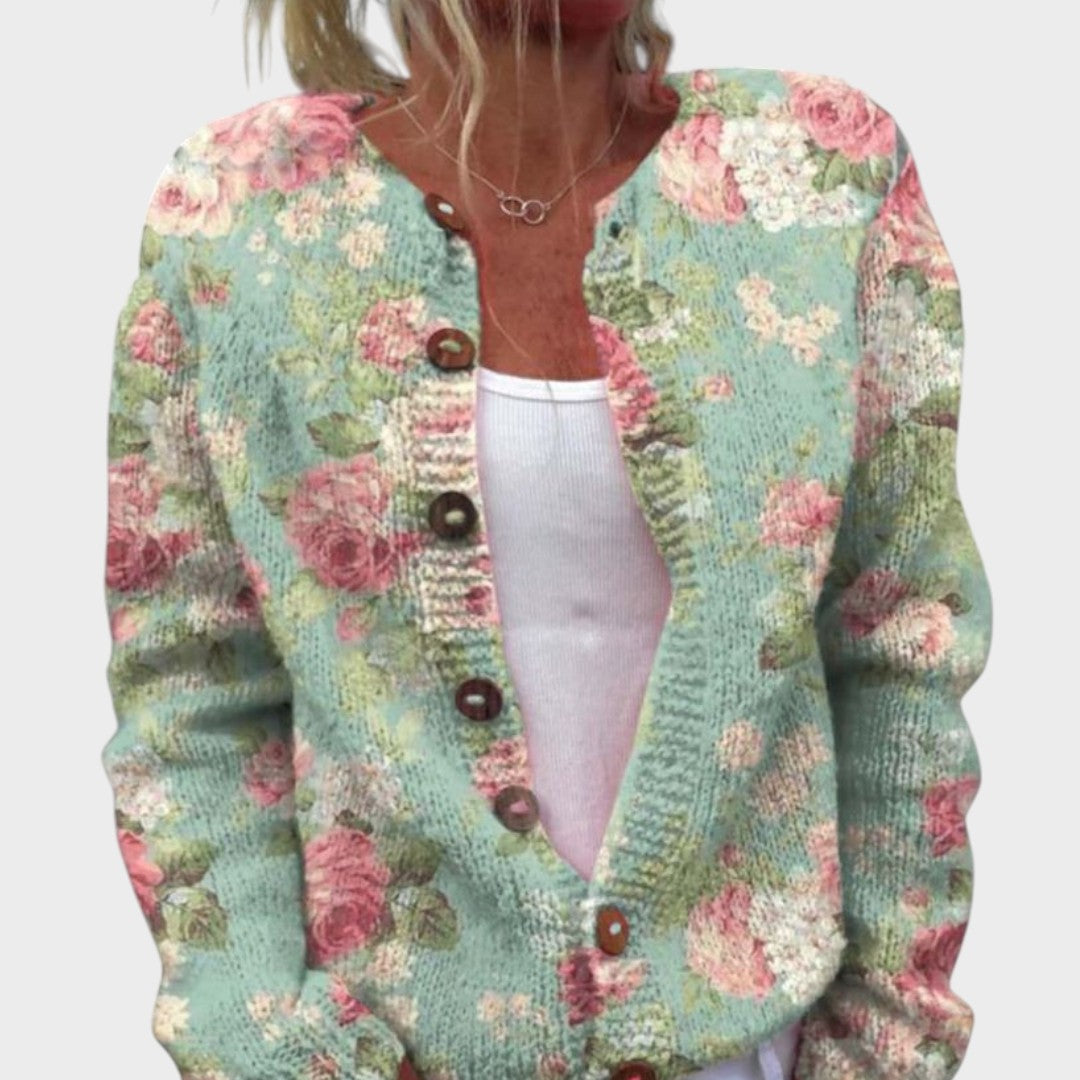 Georgia Damen Cardigan Grün mit Blumenmuster, leichte Strickjacke für den Herbst