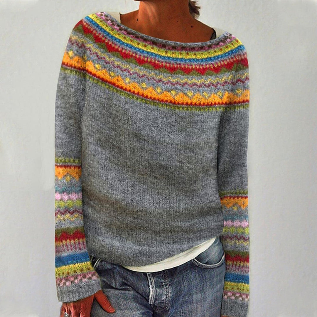 Eerika | Grauer Retro-Pullover mit Regenbogen-Streifen