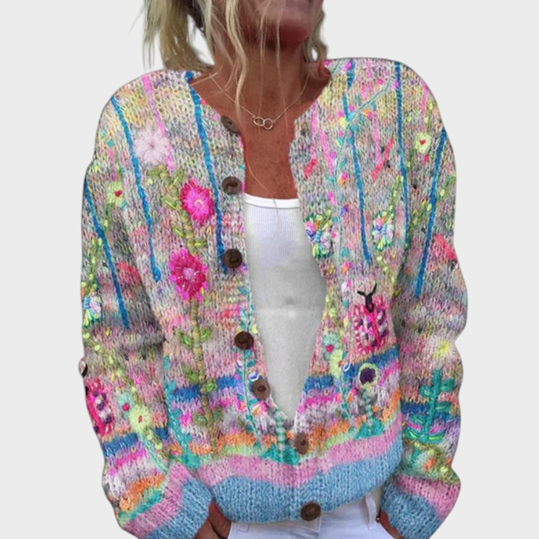 Lucy Damen Cardigan mit Blumenmuster, leichte Strickjacke für den Herbst