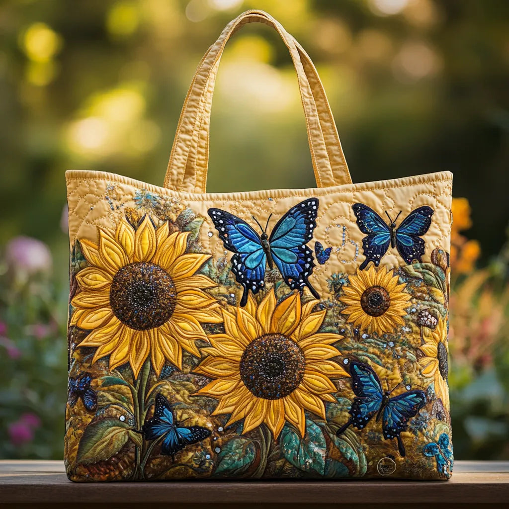 Kunstvoller Shopper – Sonnenblumen und blaue Schmetterlinge