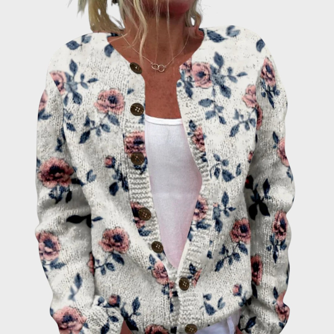 Layla Damen Cardigan mit Blumenmuster, leichte Strickjacke für den Herbst