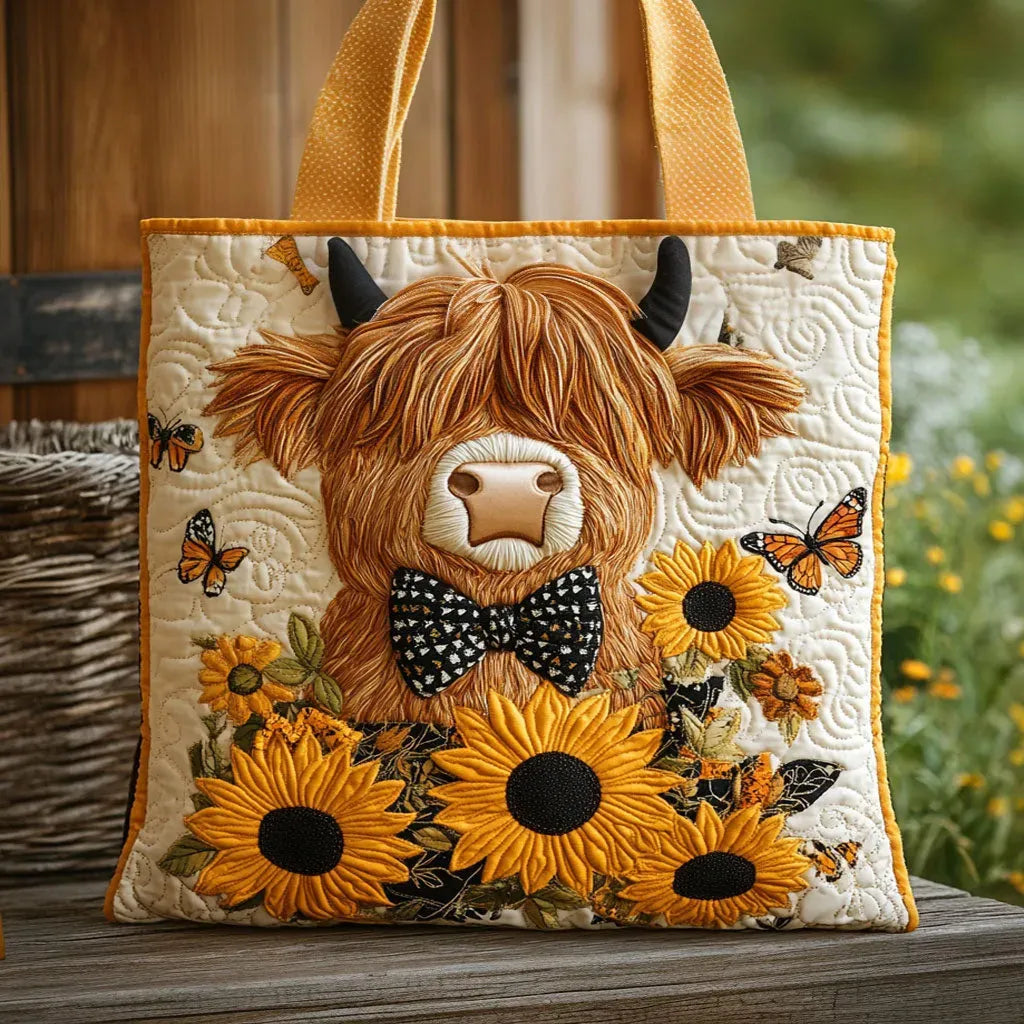 Gesteppter Shopper – Highland-Rind mit Sonnenblumen