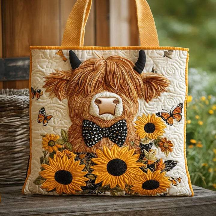 Gesteppter Shopper – Highland-Rind mit Sonnenblumen
