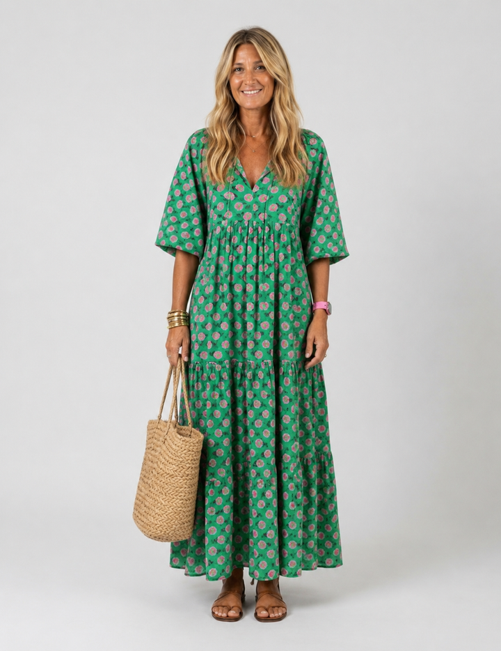 Fiora | Floral Print V-Ausschnitt Stufen Midi Kleid