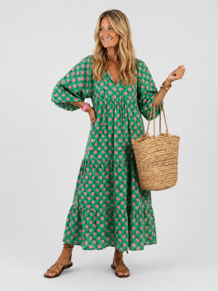 Fiora | Floral Print V-Ausschnitt Stufen Midi Kleid