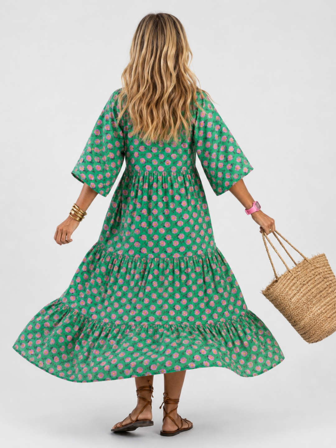 Fiora | Floral Print V-Ausschnitt Stufen Midi Kleid
