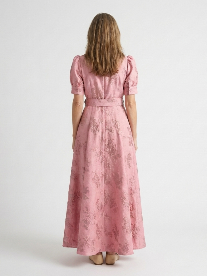 Xanthea | Kurzärmeliges, tailliertes, floral strukturiertes Maxi-Hemdkleid