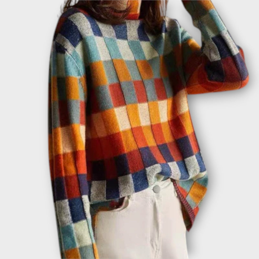Erika - Bunter Patchwork-Rollkragenpullover mit Karomuster