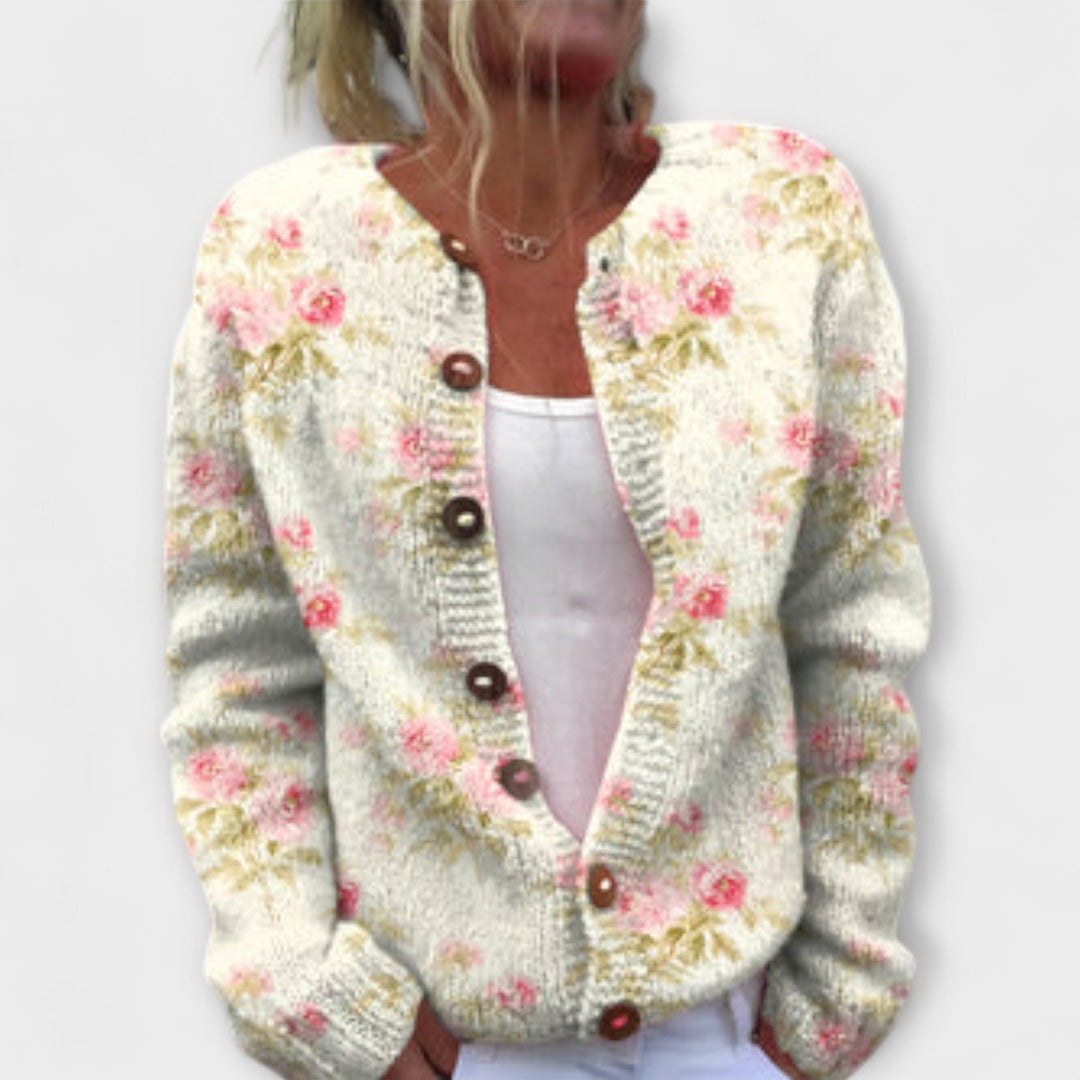 Elina - Cremefarbener Cardigan mit Blütenmuster