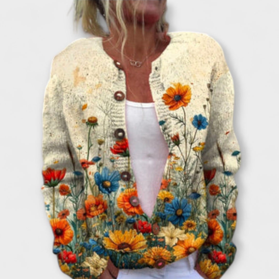 Nalea - Cremefarbener Strick-Cardigan mit Wiesenblumen