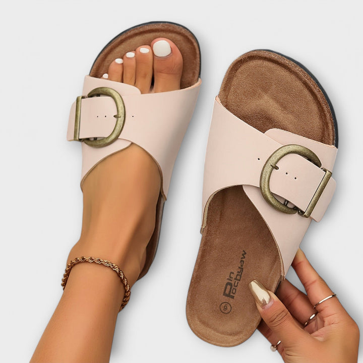 Margie - Damen Kork Pantoletten mit Schnallenriemen Design