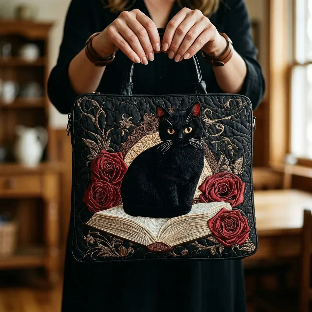 Gesteppter Shopper – Schwarze Katze auf Büchern
