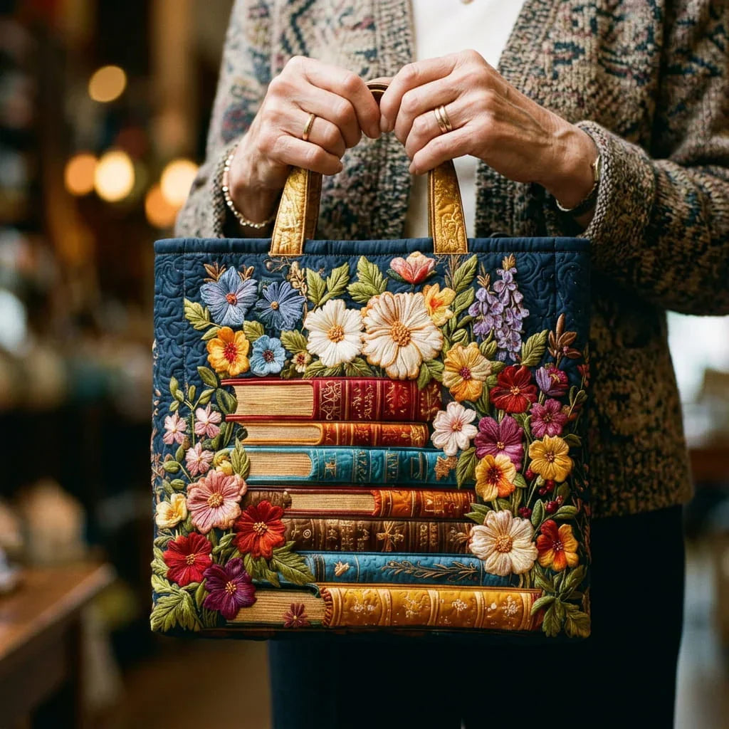 Kunstvoller Shopper – Blumenmuster und Bücher