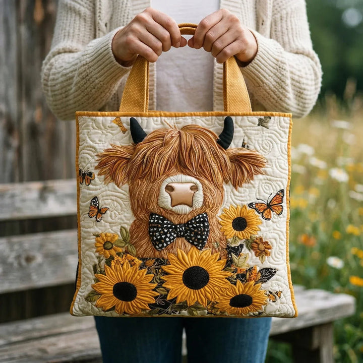 Gesteppter Shopper – Highland-Rind mit Sonnenblumen